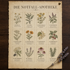 Notfall-Hausapotheke A4 sheet with 12 herb remedies