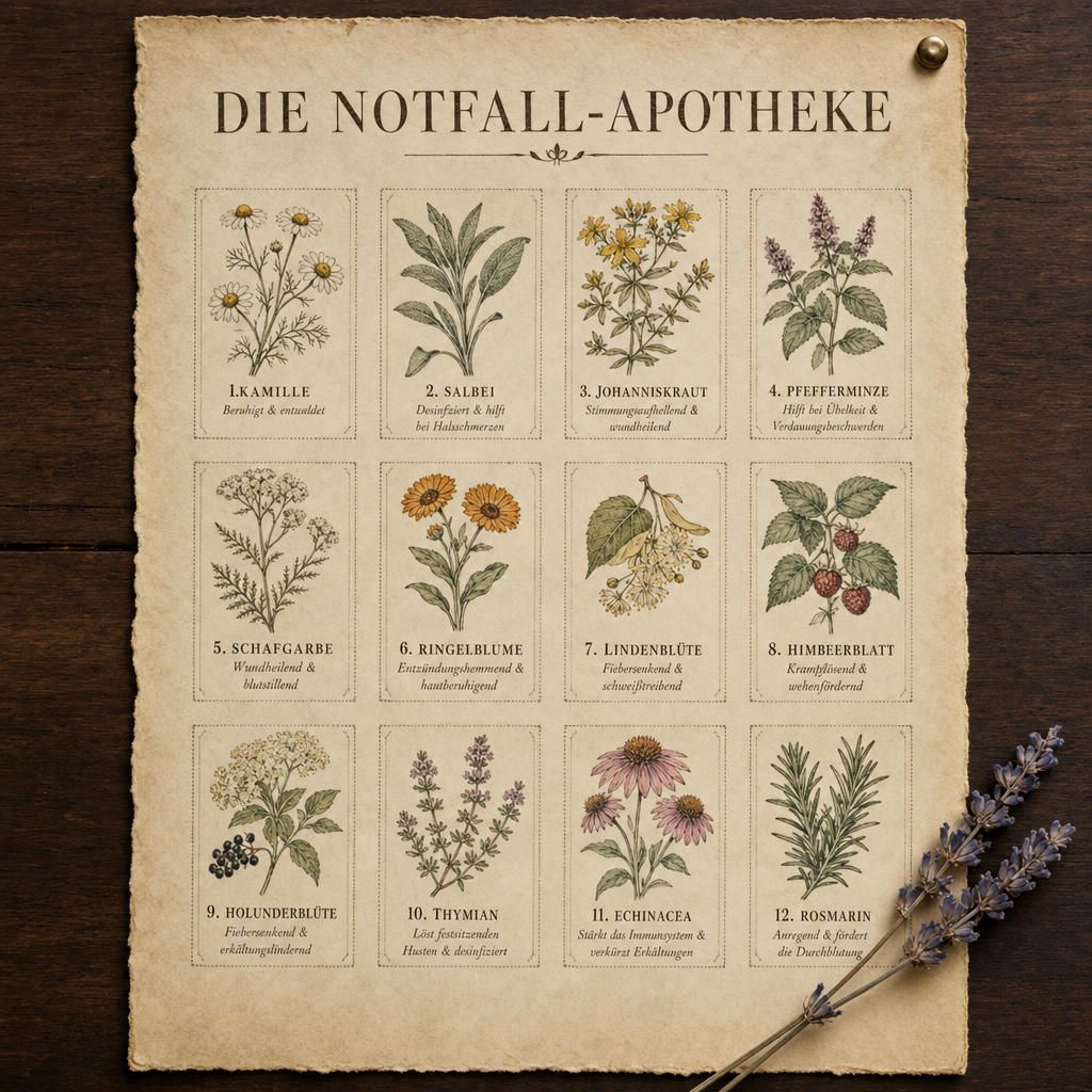 Notfall-Hausapotheke A4 sheet with 12 herb remedies